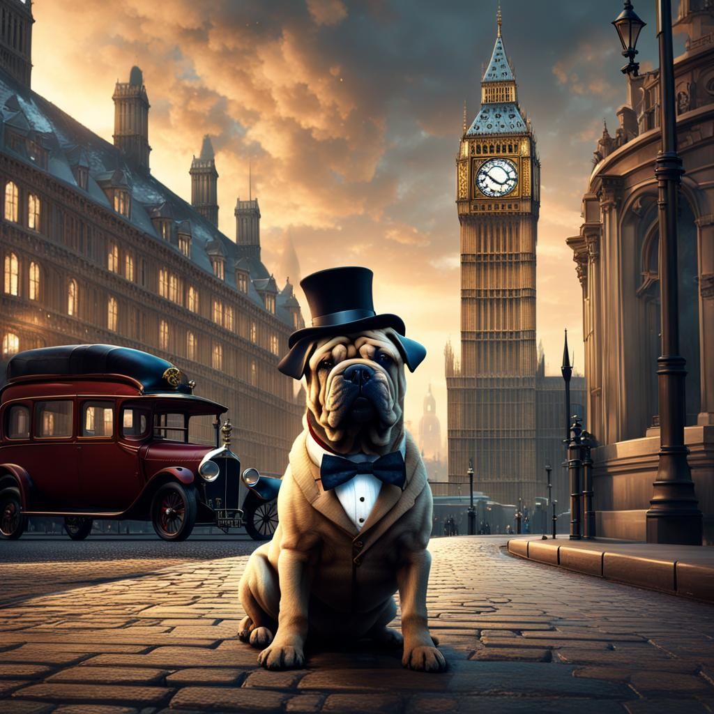 Victorian Shar Pei in Top Hat, Detailed Matte Painting