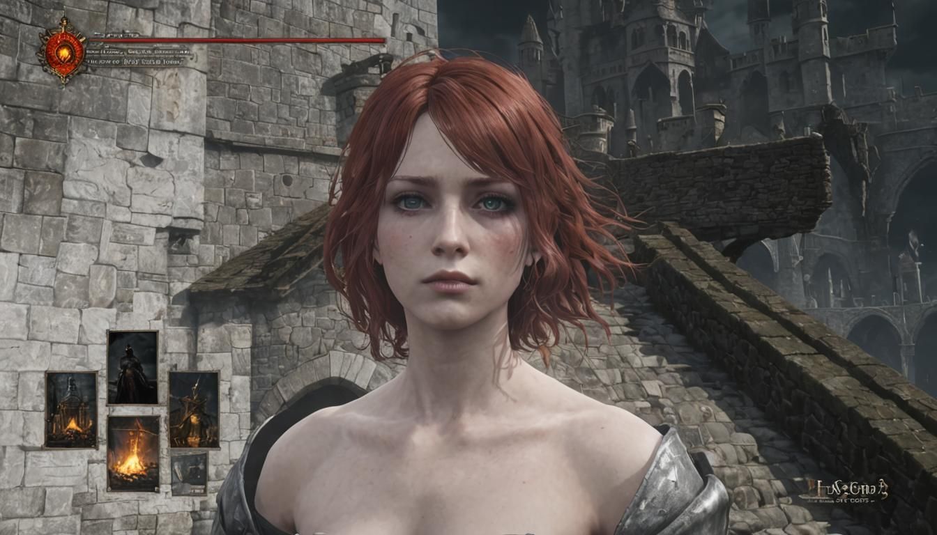 Red Haired Woman and Castle in Dark Souls Style