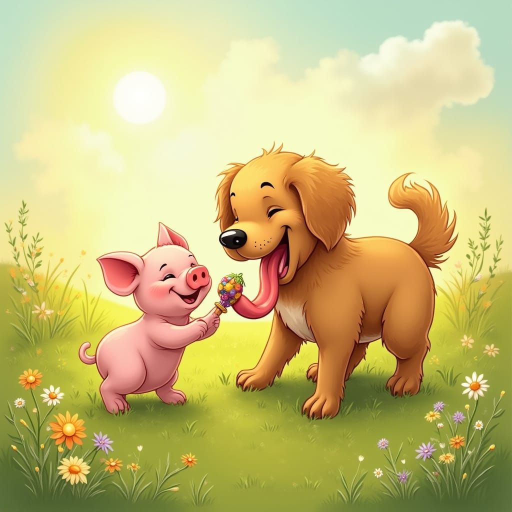 Golden Retriever and Piglet Play in Sunny Meadow