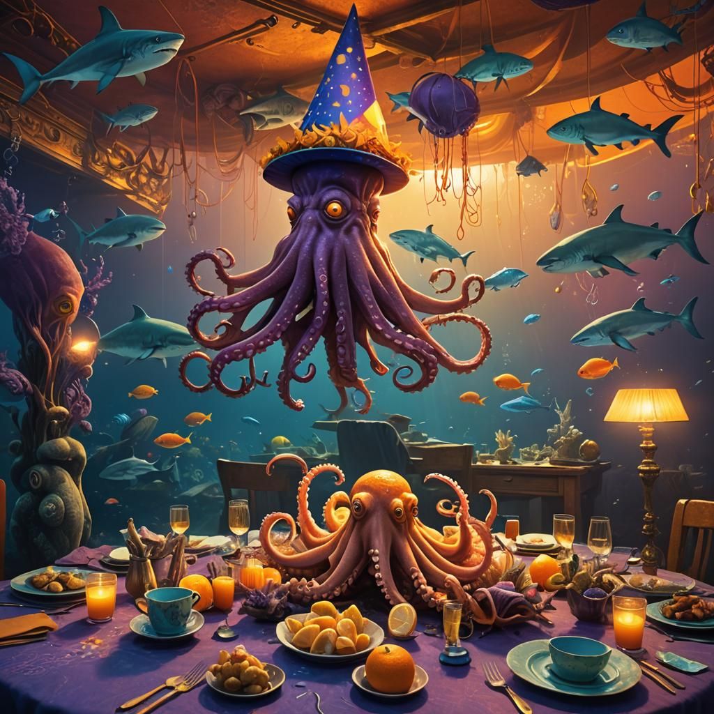 Octopus's Underwater Birthday Party in Digital Art Style