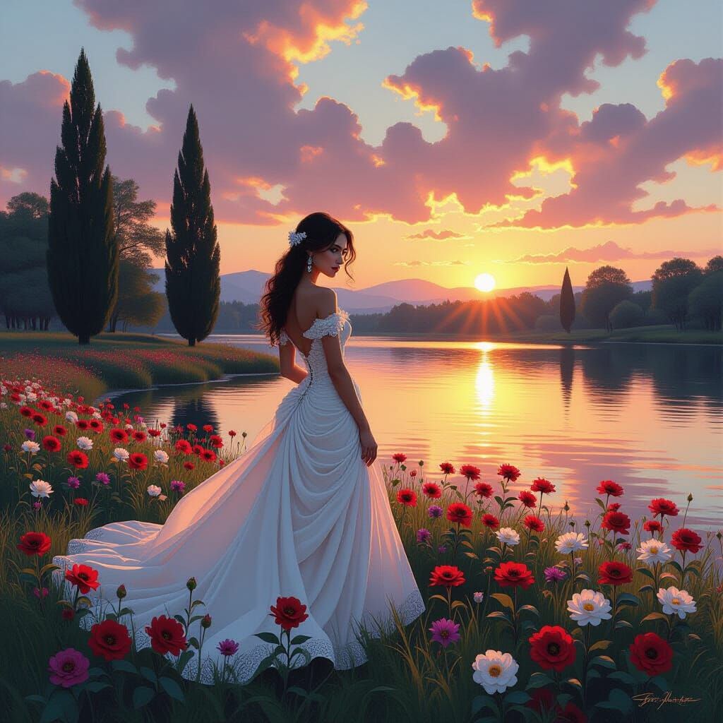 Brush pen drawing, woman, half body, flowers field, lake, tr...