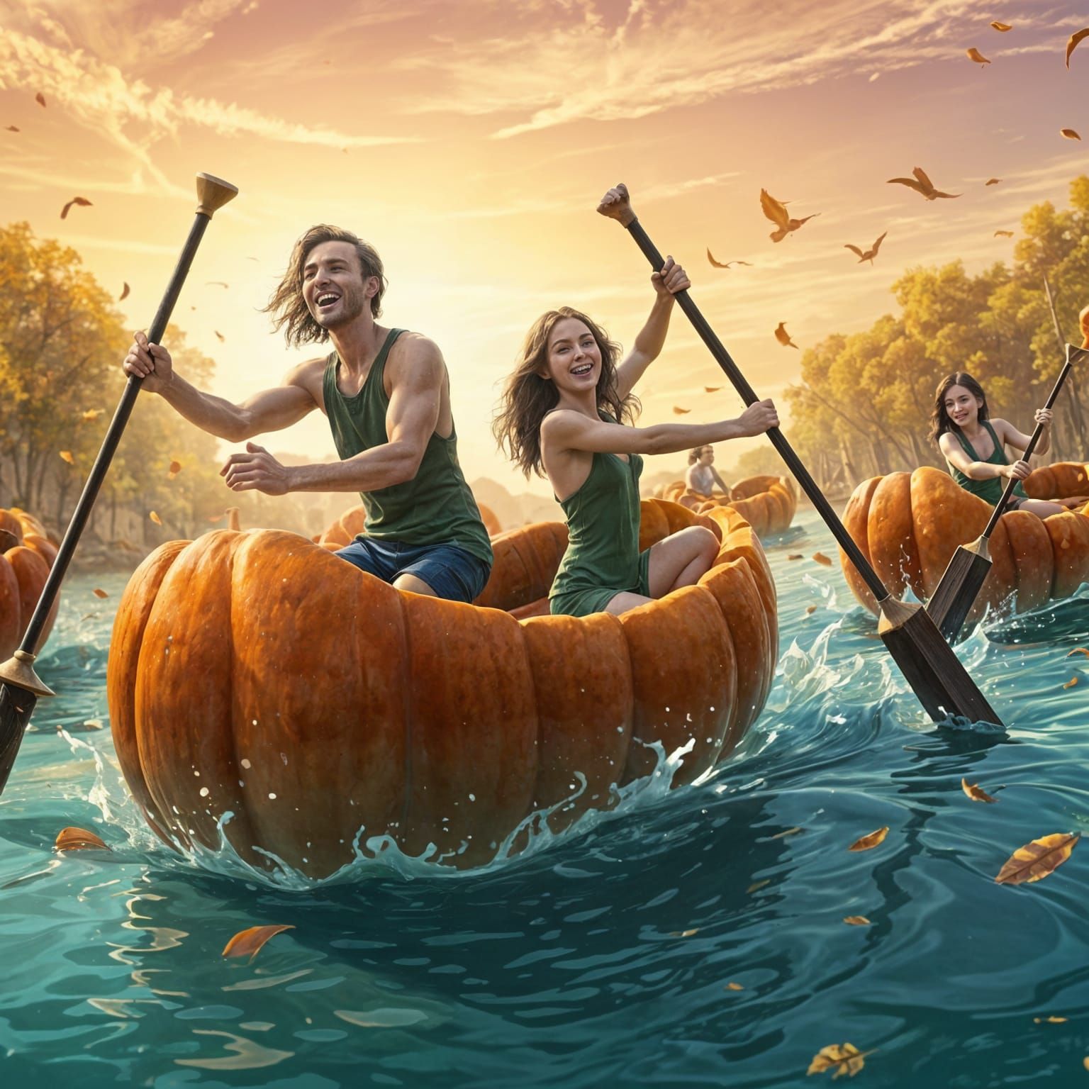 Pumpkin Boat Regatta at Sunset: Detailed Matte Painting