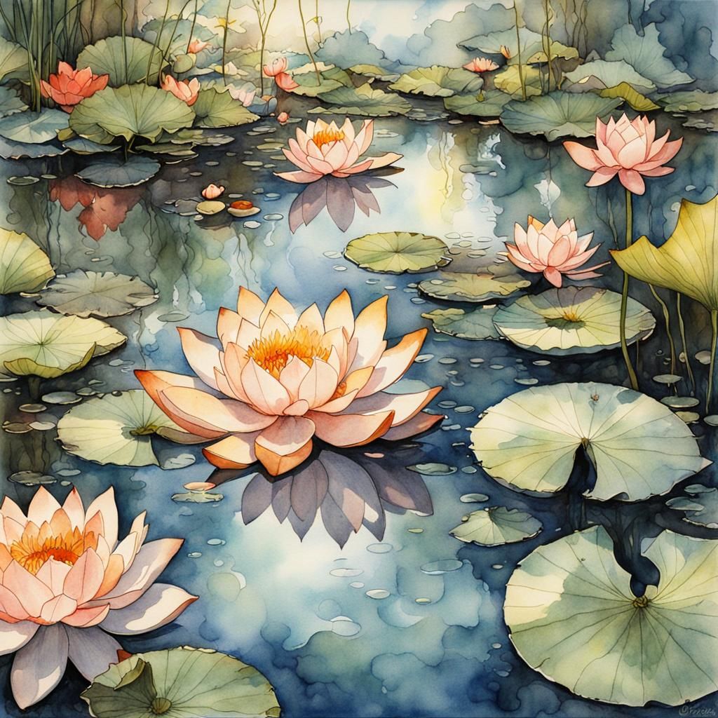 Lotus Koi Pond Watercolor Painting