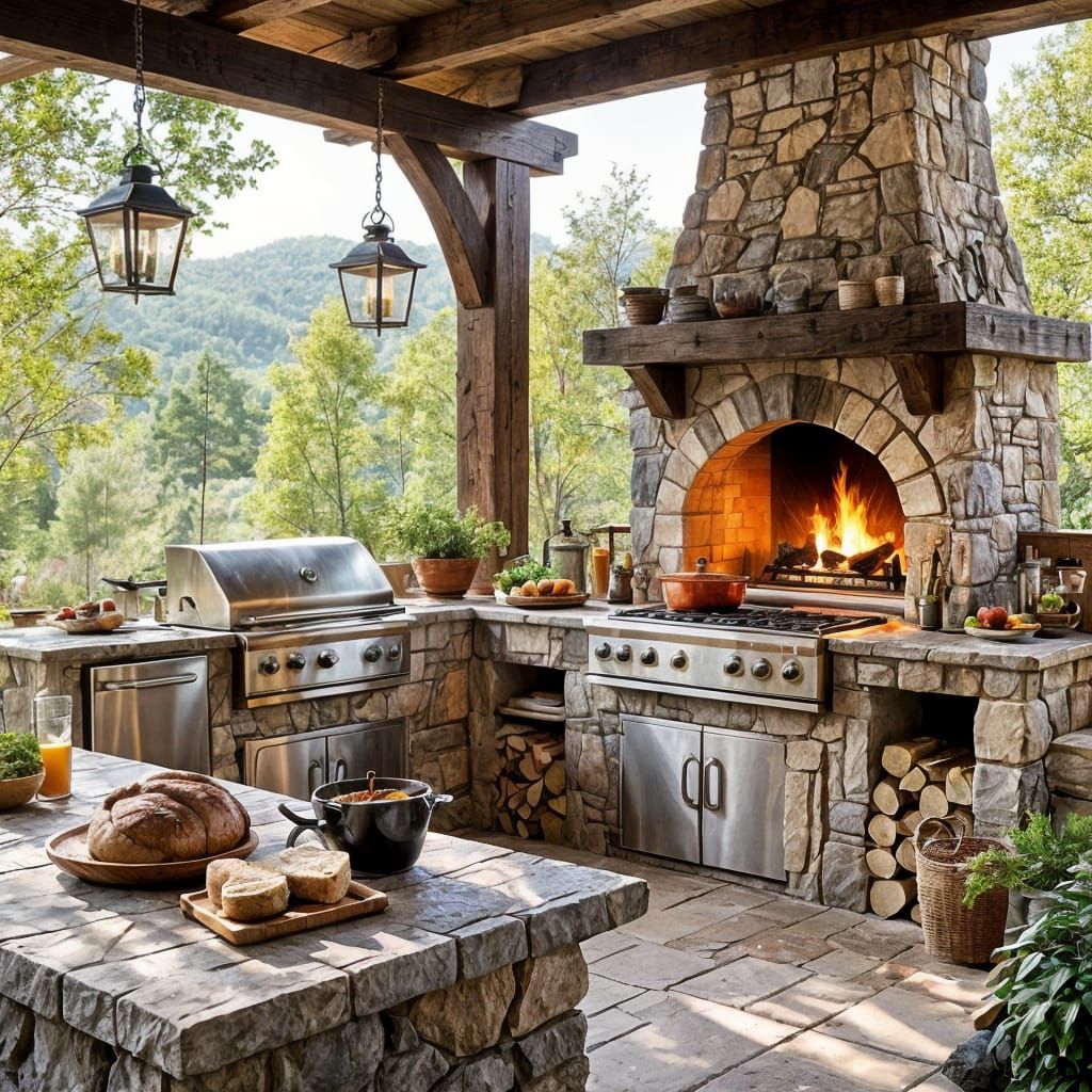 Serene Outdoor Kitchen with Warm Lighting