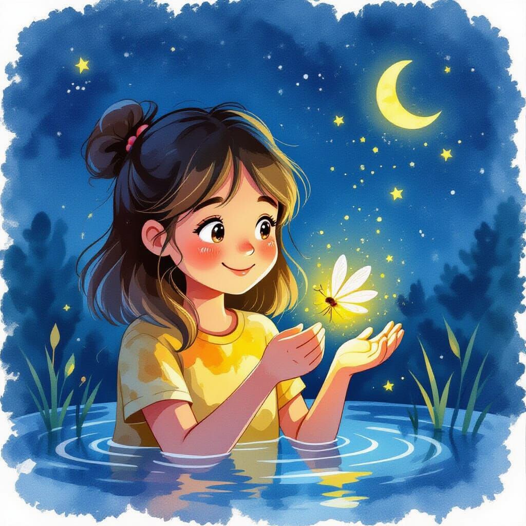 Girl Holds Firefly at Night as Watercolor