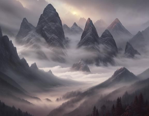 Misty Mountain Landscape in Oil Painting Style