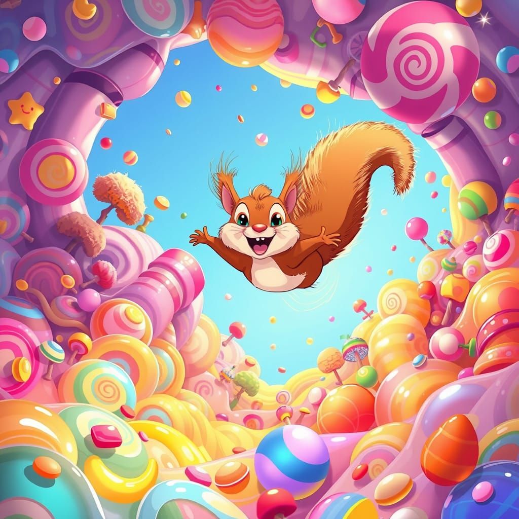 Whimsical Squirrel Dives into a Rainbow Pool of Caramels