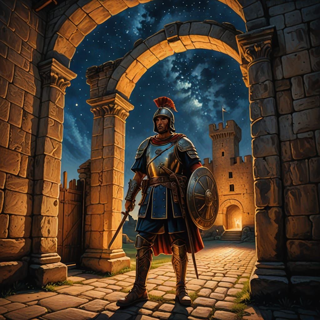Roman Soldier Guarding Fort Gate at Night as Fresco