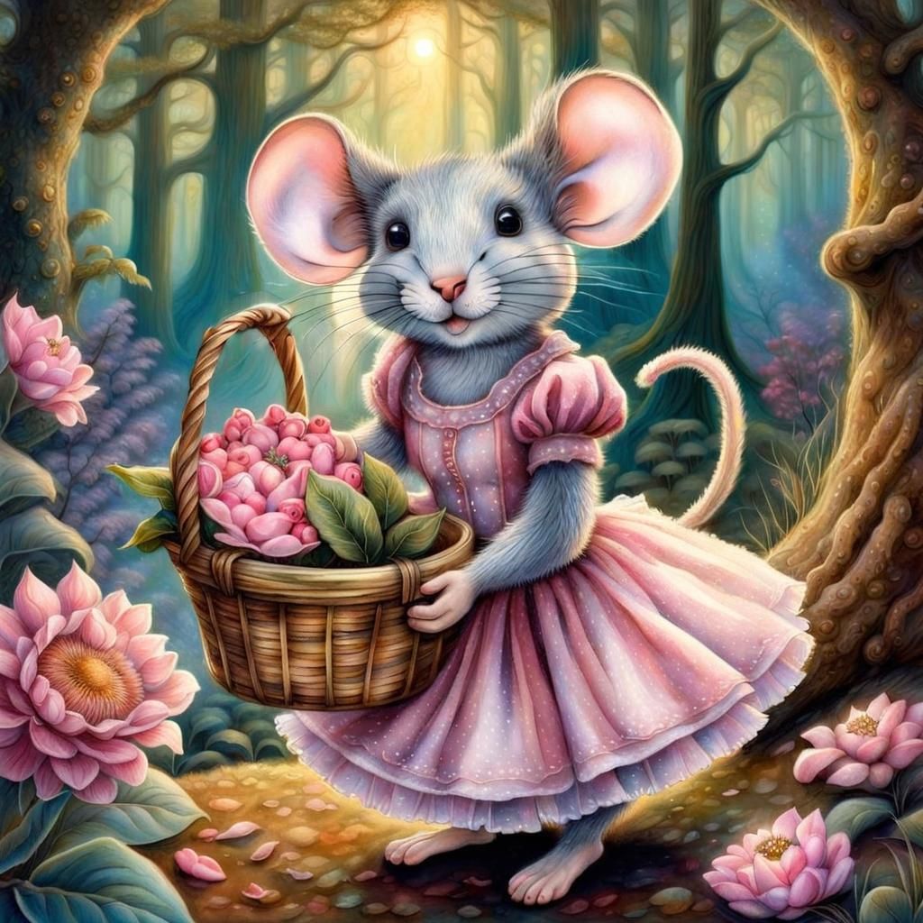Cute Mouse with Flowers in Botanical Art Style
