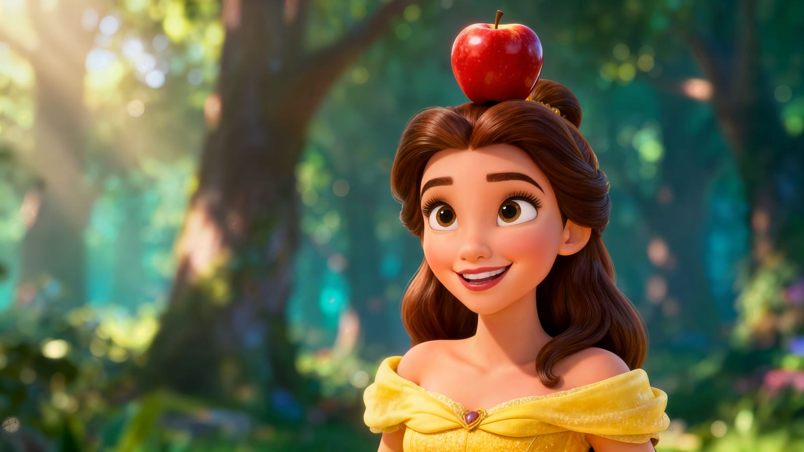 Pixar Style Princess Belle With Apple On Head