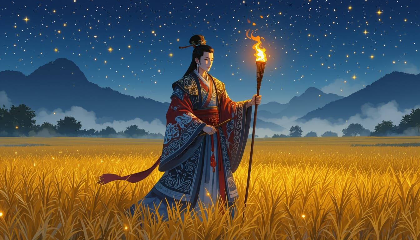 Majestic Chinese Deity in Golden Rice Field