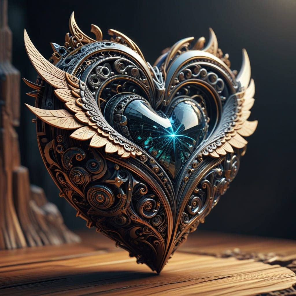 Winged Wooden Heart with Metallic Spirals