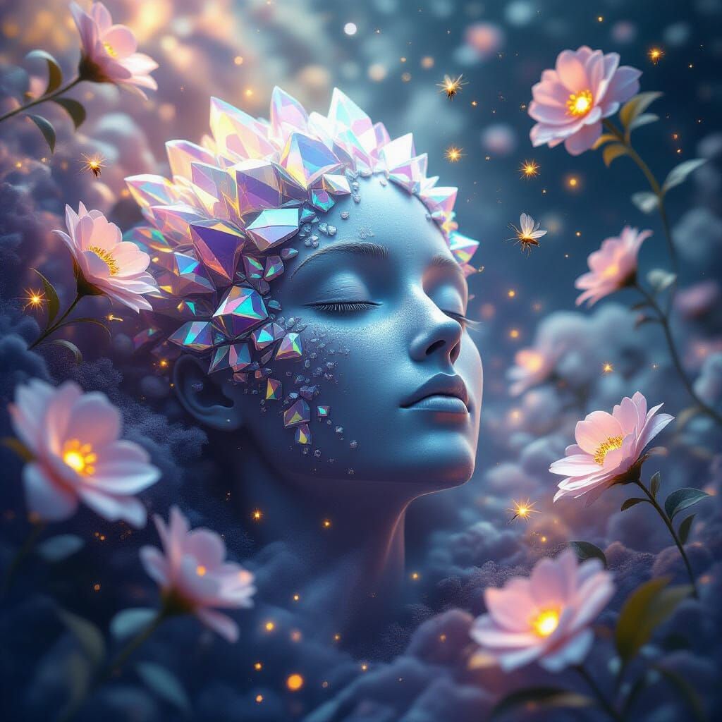 Crystalline Head in Cosmic Nebula: Digital Matte Painting