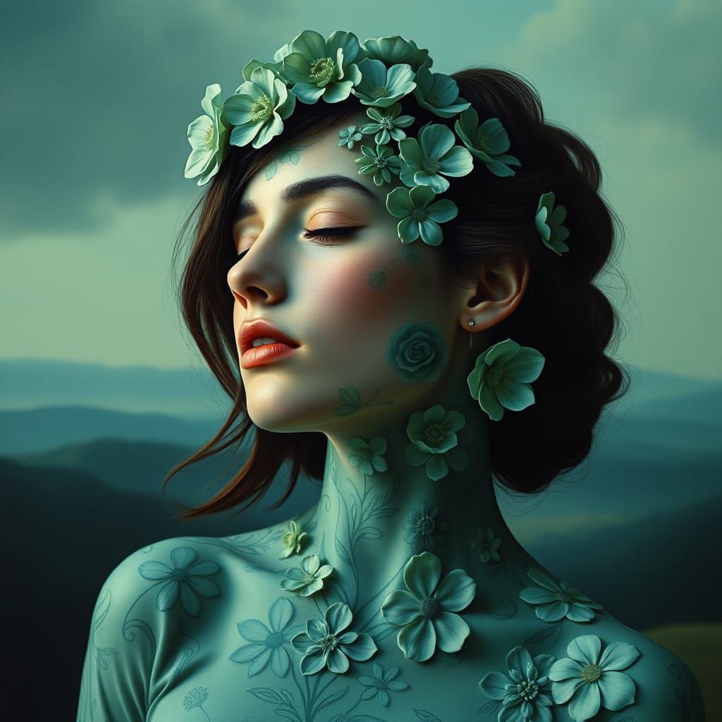 Pensive Woman in Psychedelic Floral Patterns, Chiaroscuro Li...