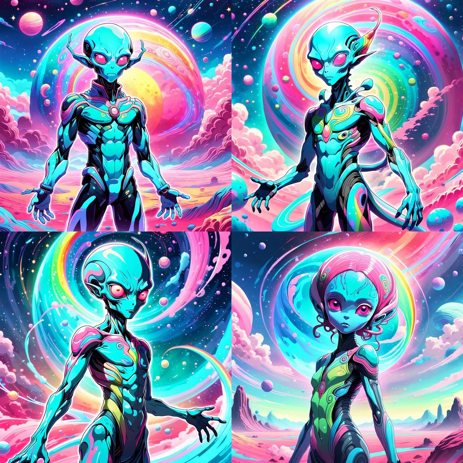 Rainbow Alien on Pink Planet in Anime Style