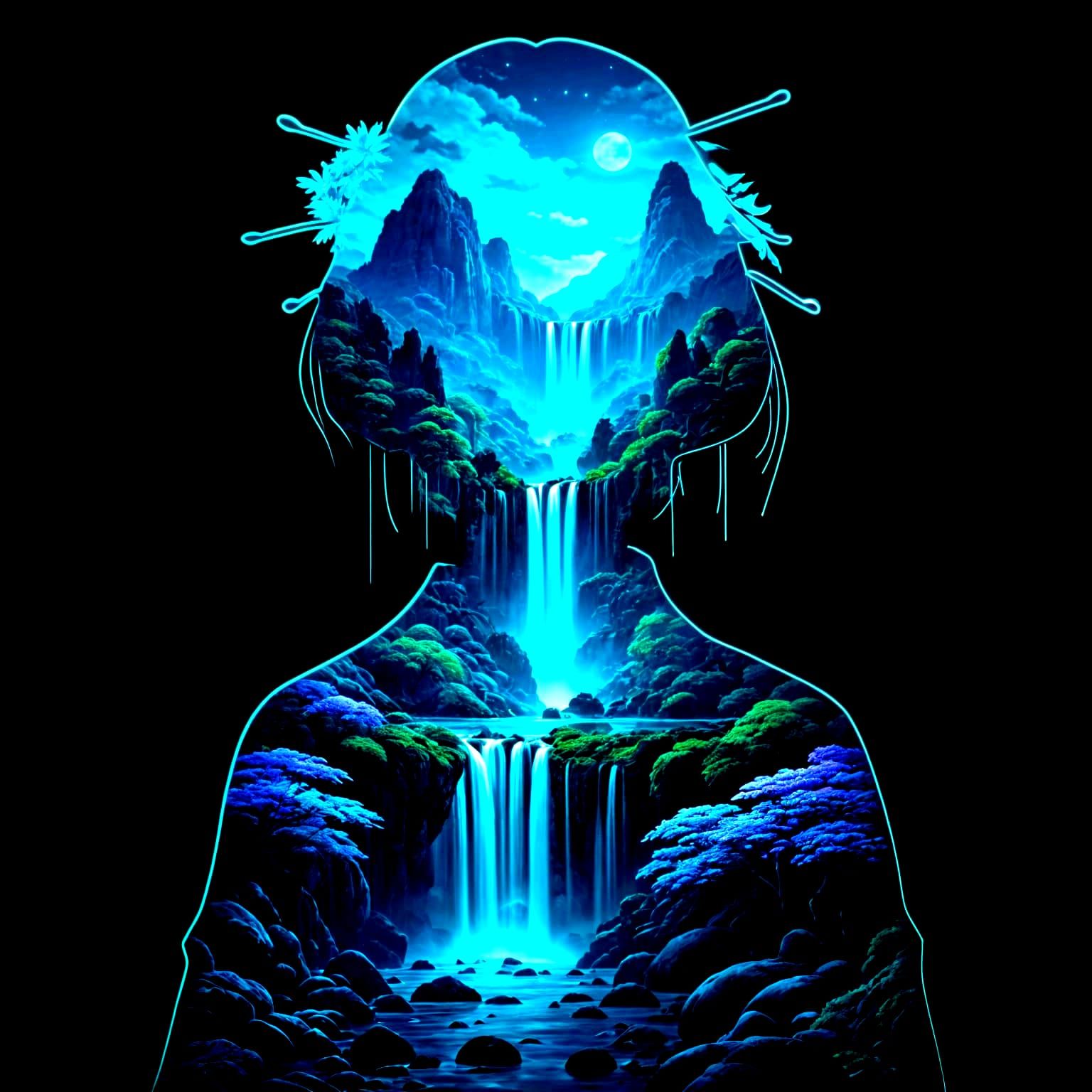 Geisha Silhouette in Neon Cliffs and Waterfalls