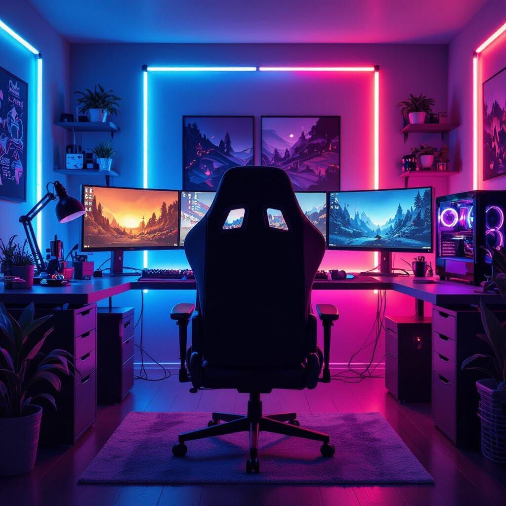 Vibrant LED Gaming Room with Multiple Monitors