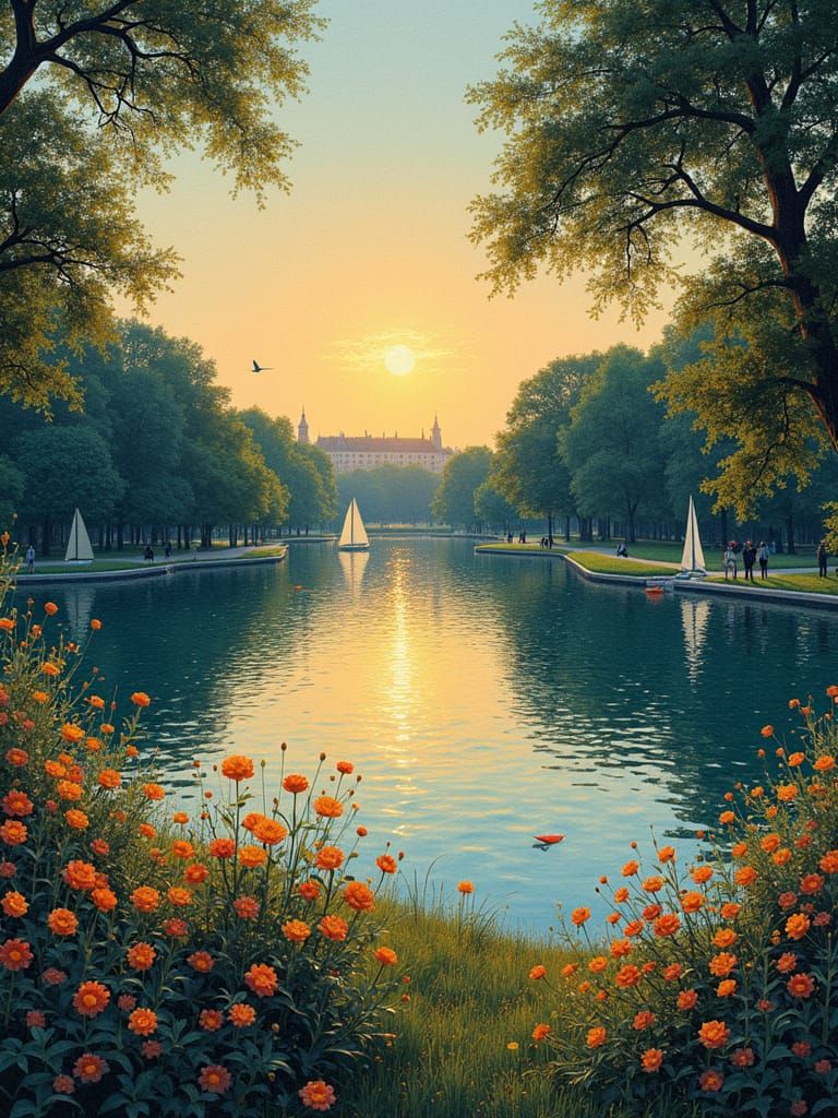 French Park Lake Sunset in Pointillist Style