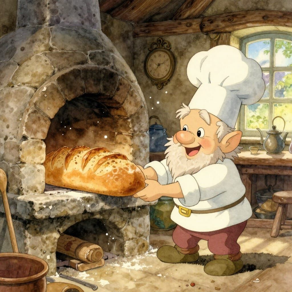 Joyful Gnome Chef Pulls Golden Loaf From Oven in Watercolor ...