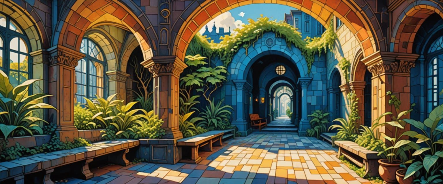 Futuristic Comic Book Passageway with Ghibli Details