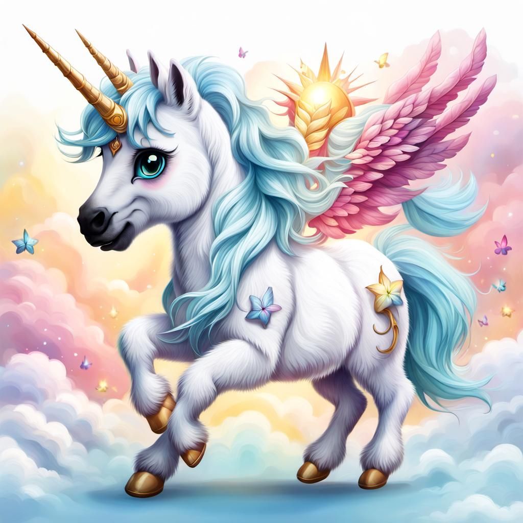 Adorable Fluffy Flying Unicorn on a Sunny Day