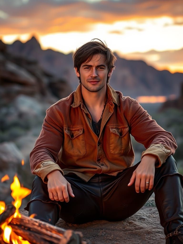 Man by Campfire in Rocky Desert Landscape