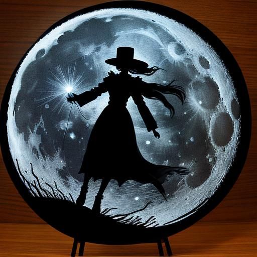 Witch Silhouette Flying Across Glassy Moon in String Art