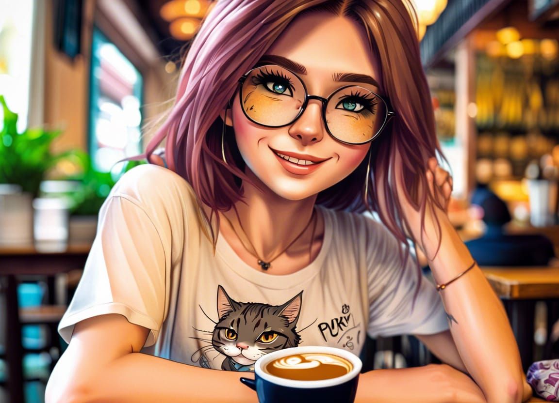 Cat-Girl Hipster in Ukiyo-e Anime Style