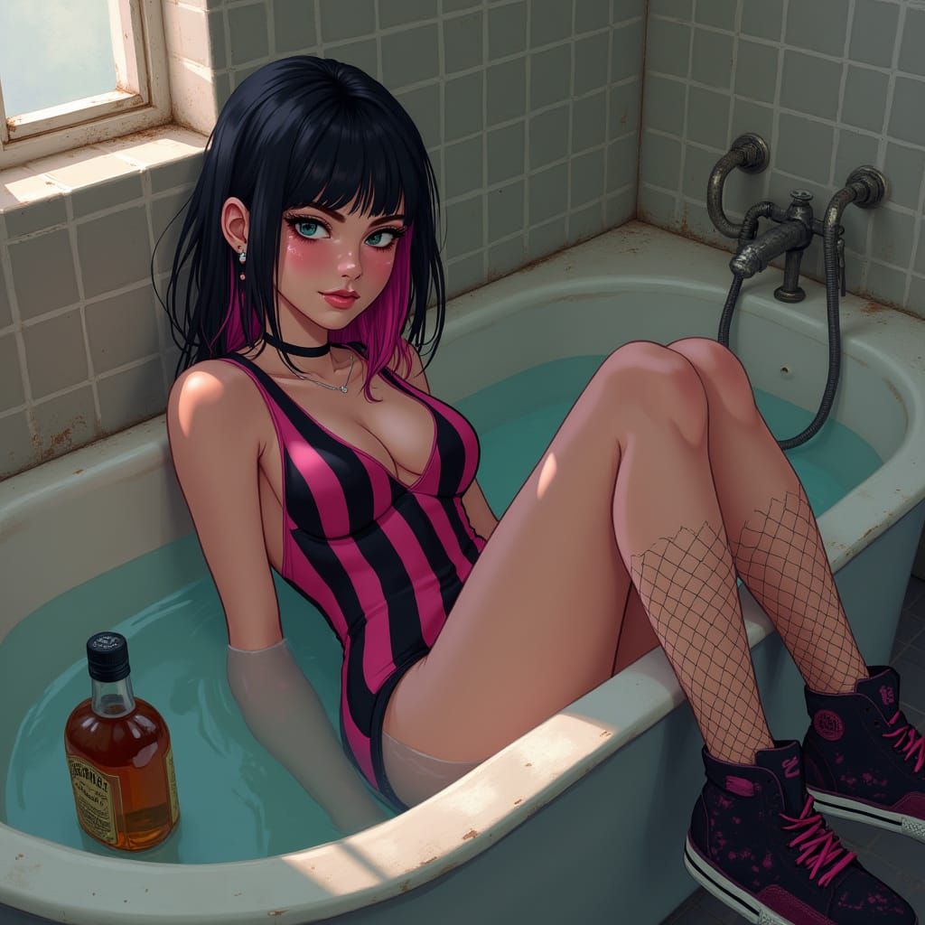 Moody Emo Girl Basks in Whiskey-Filled Bathtub