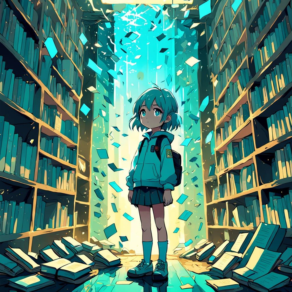 Dreamy Surreal Scene with Glowing Walls and Floating Books