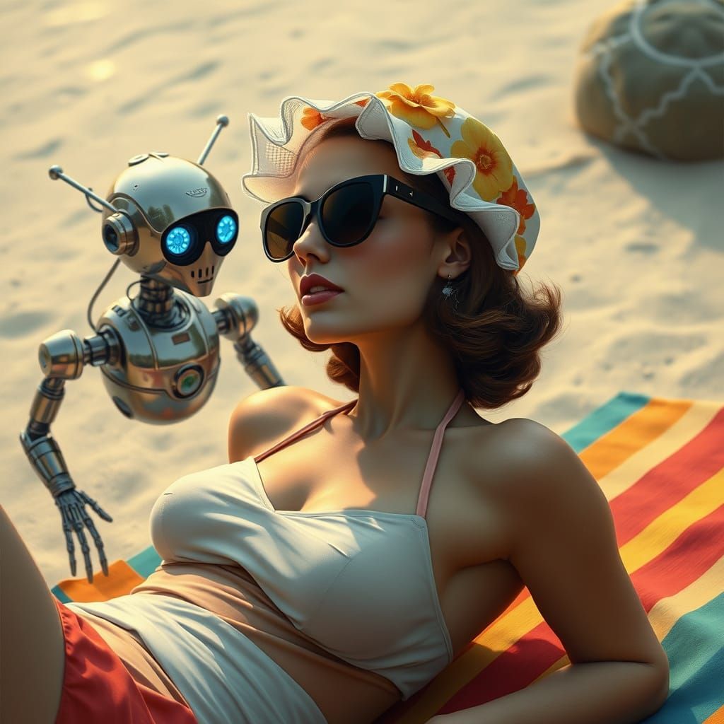 Retro Beach Scene with Robot Butler, Digital Art