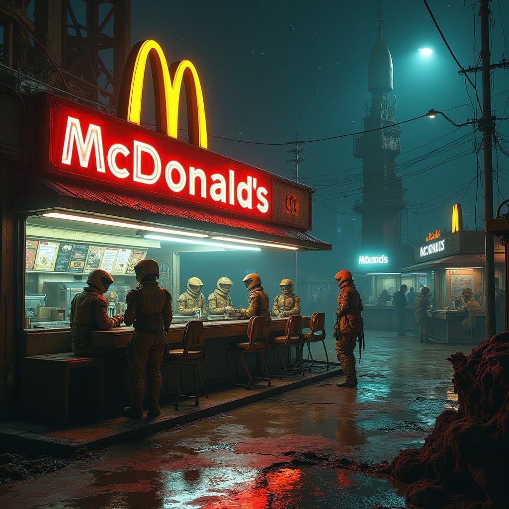 Dystopian McDonald's in Cyberpunk Space Colony