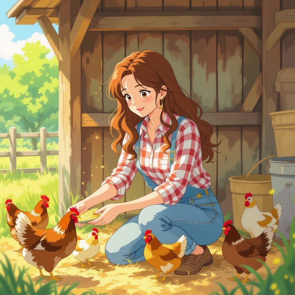 Ghibli-esque Woman Feeding Chickens in Sunny Shed