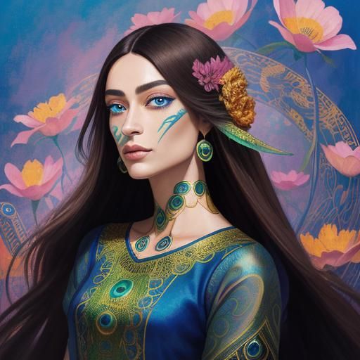 Dragon Peacock Woman Portrait in Magical Realism