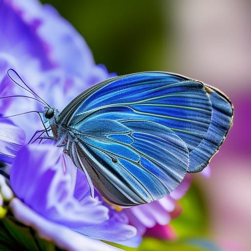 Blue Butterfly on Peony Flower, Miyazaki Style