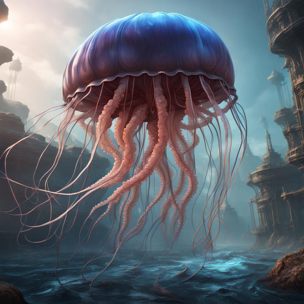 Bio-Mechanical Jellyfish Concept Art in Detailed Matte Paint...