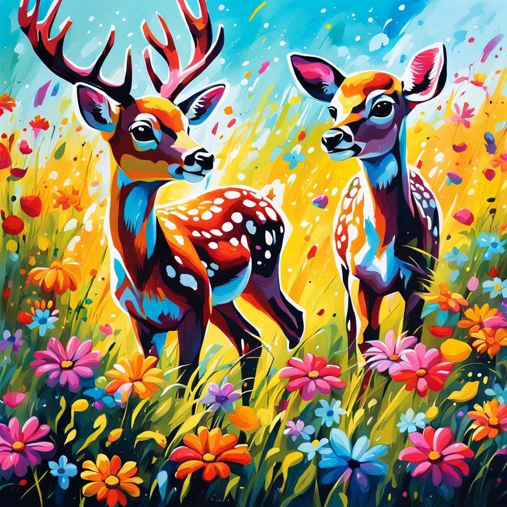 Deer Playing in Meadow: Graffiti Splash Art