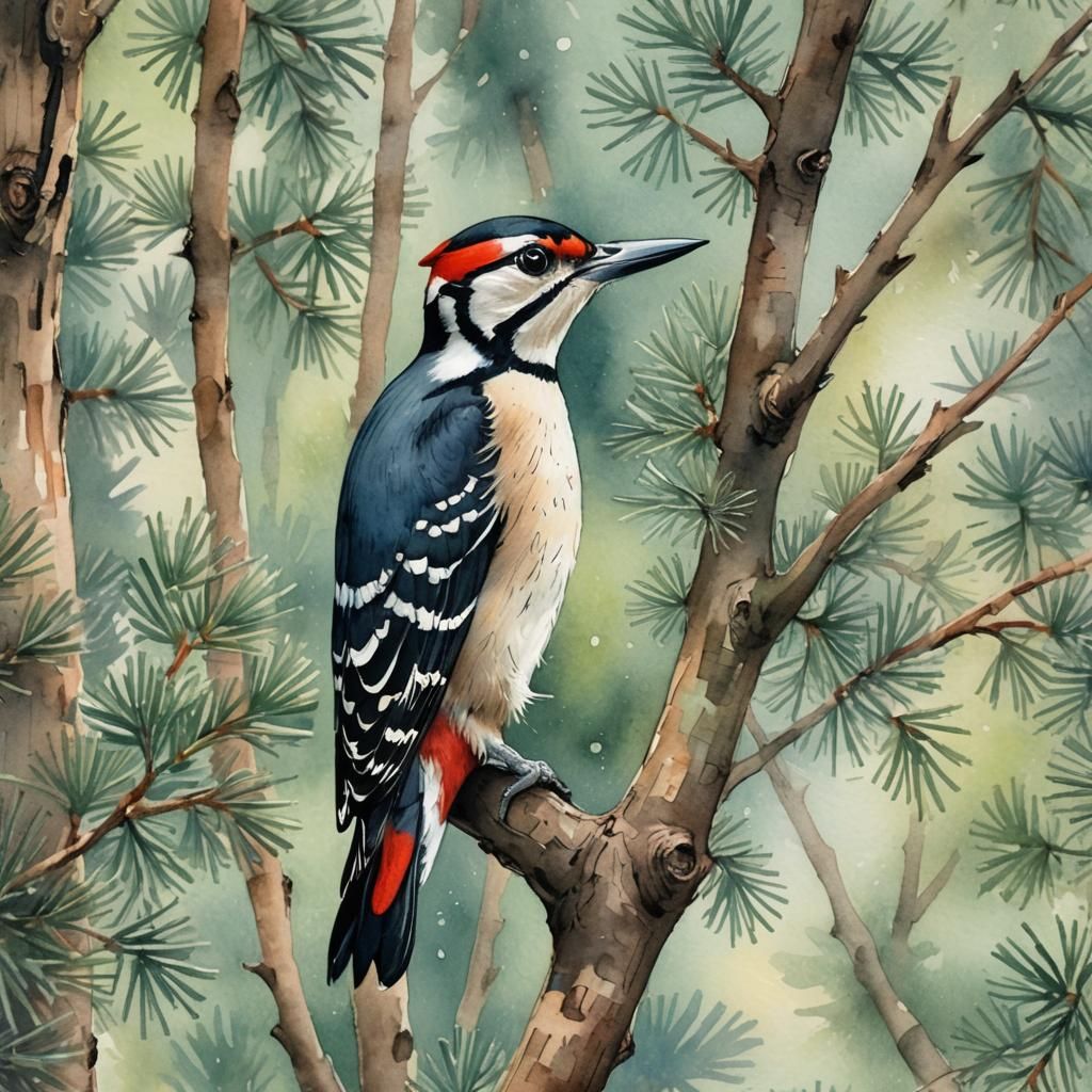 Whimsical Woodpecker in Watercolor Style