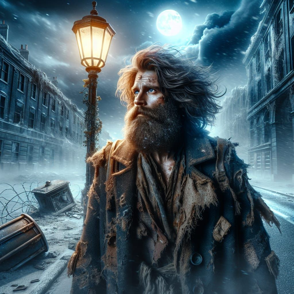 Weathered Man Walks Through Collapsing City