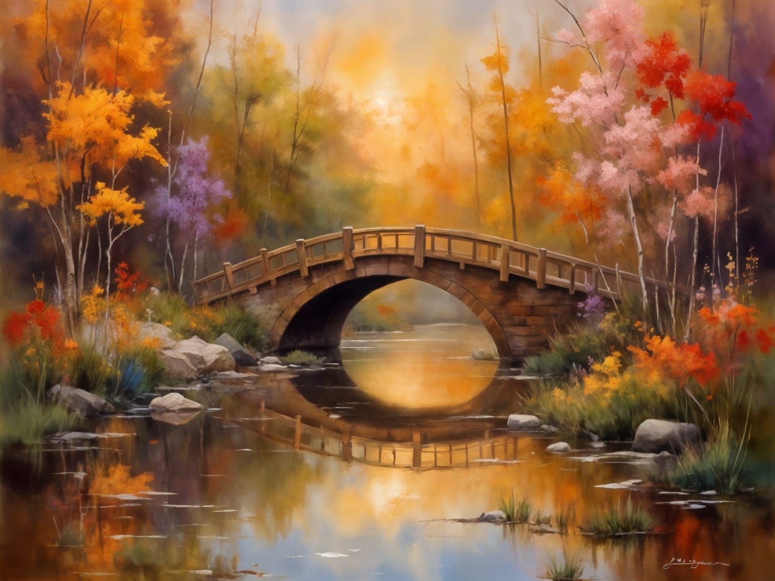 Arched Wooden Bridge in Autumn Forest at Sunset