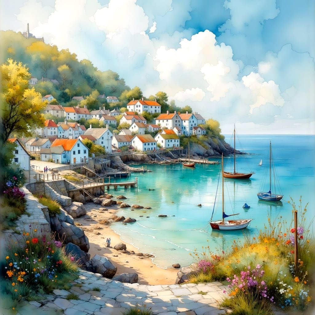 Quaint Seaside Village in England as Oil Painting