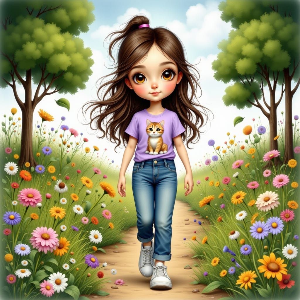 Whimsical Farm Girl in Lilac T-Shirt