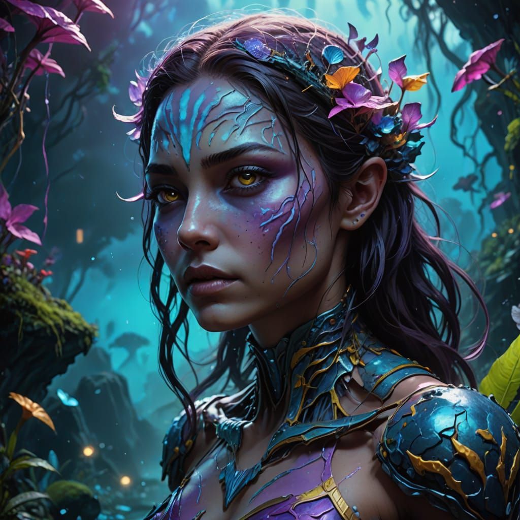 Alien Landscape with Na'vi in a Surreal, Iridescent World