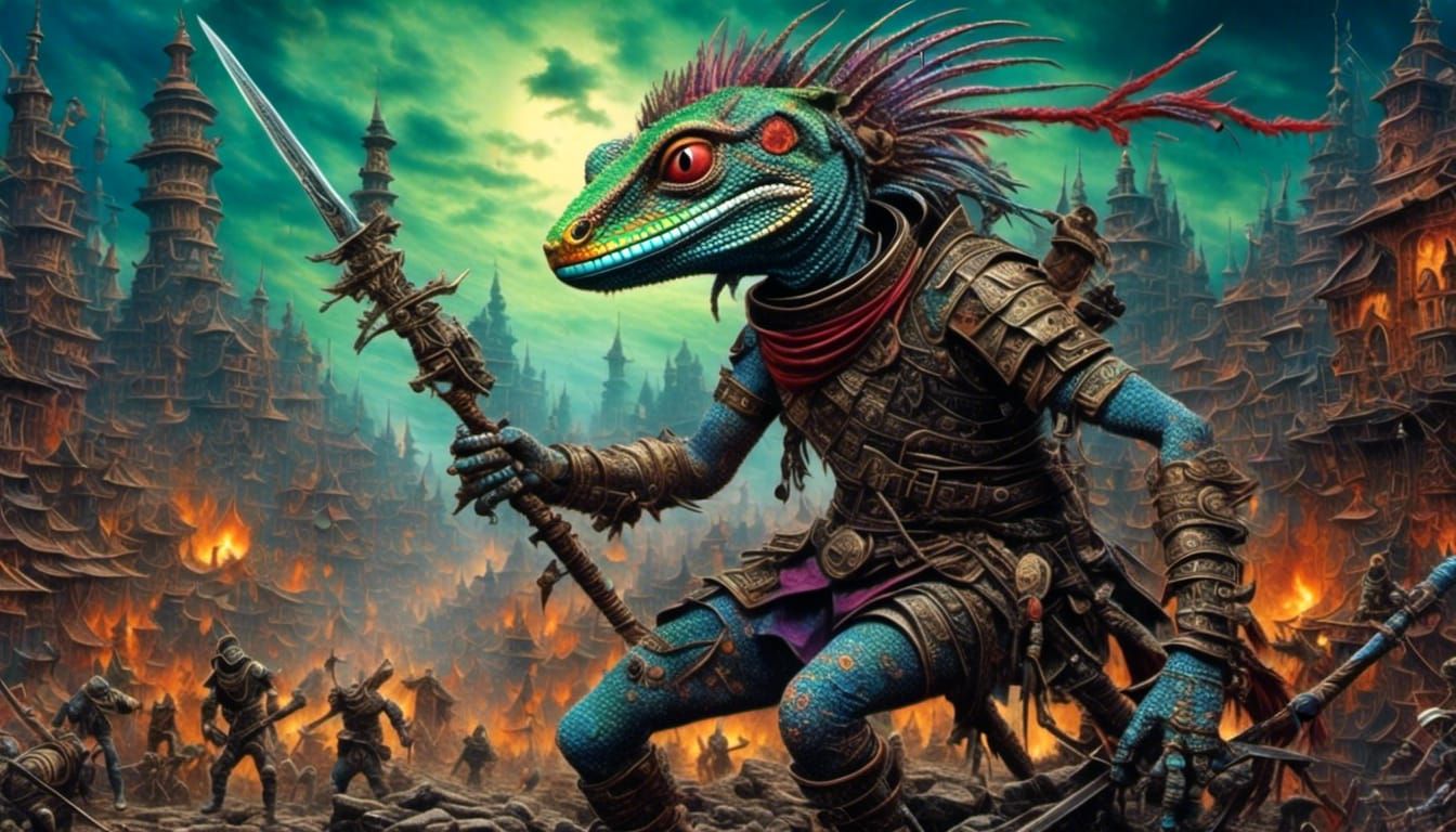 Lizard Warrior in Epic Battle, Surreal 3D Rendering