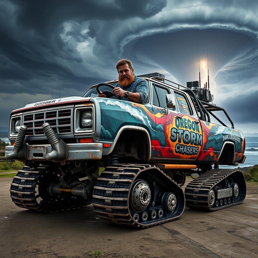 Rugged Storm Chaser Truck in a Graphic Design Aesthetic