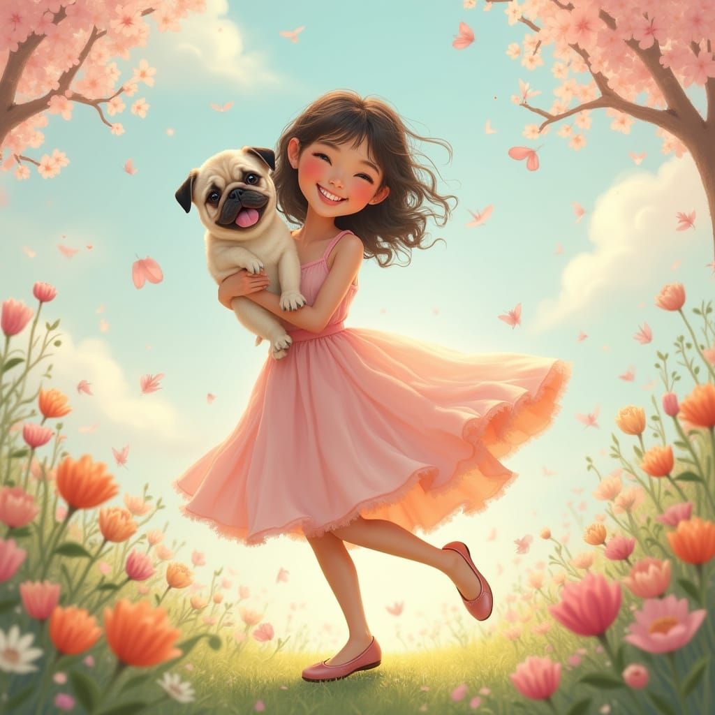 Woman Dancing with Pug Amidst Spring Flowers