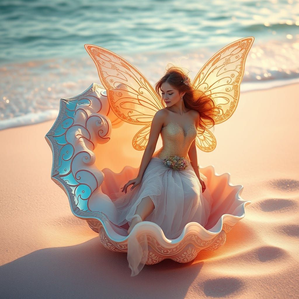Multicolored Fairy in Majestic Seashell