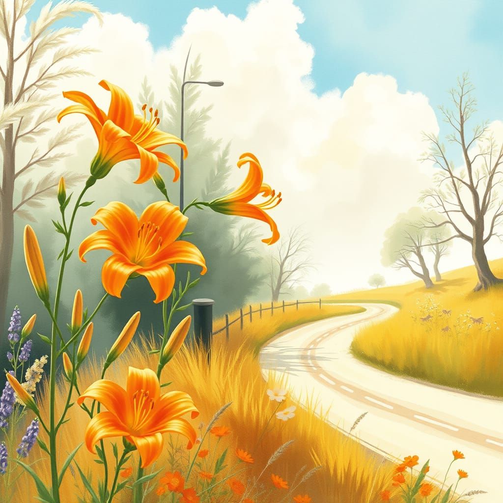 Vibrant Wildflowers Dance in Whimsical Summer Landscape