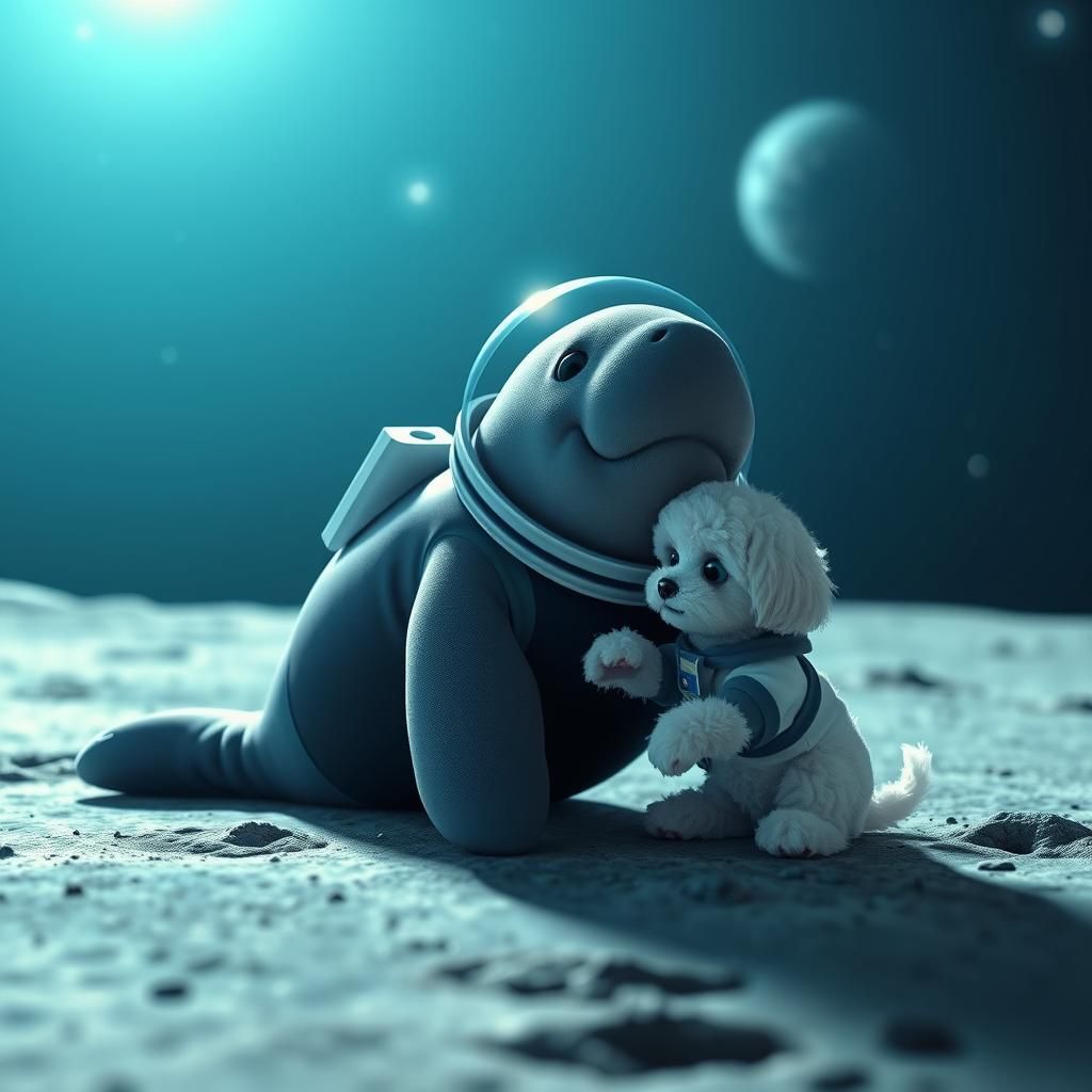 Manatee and Puppy Space Explorers on the Moon
