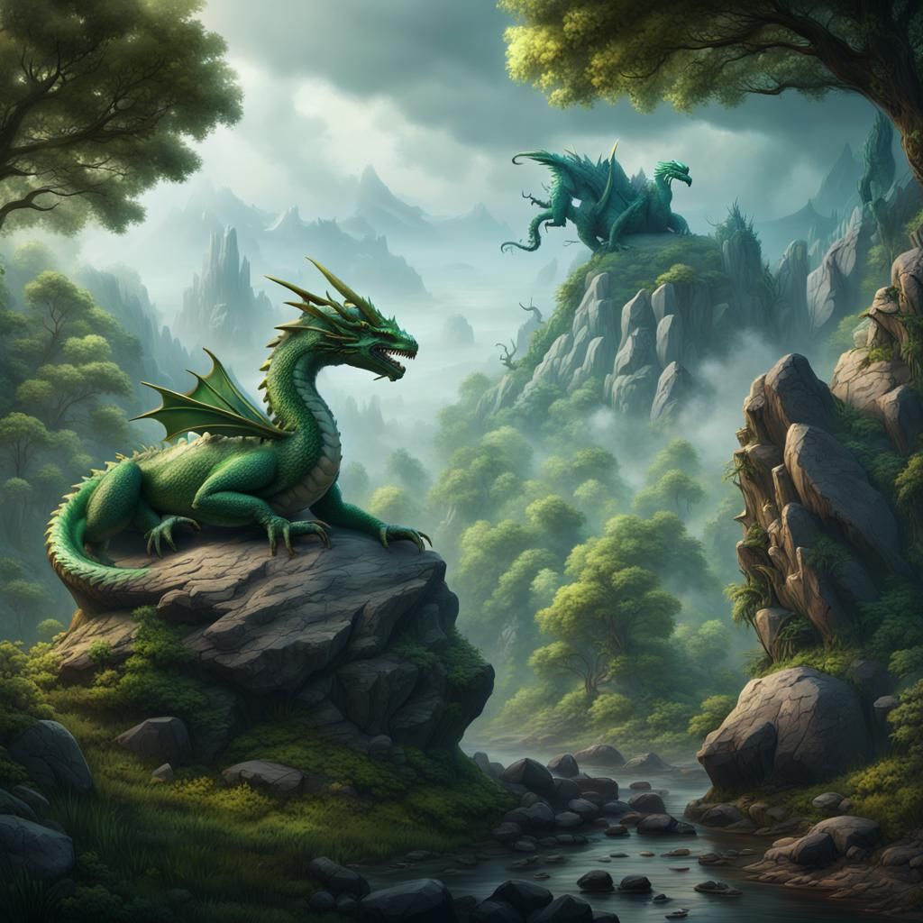 Green Dragon Overlooking Misty Mountain Landscape